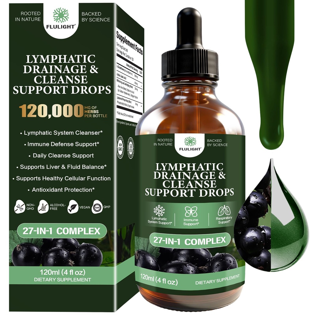 Lymphatic Drainage & Immune Defense Drops, 27-in-1 Liquid Herbal Formula with Zeolite, Activated Charcoal, Echinacea, Elderberry, Burdock, Spirulina & Chlorella, for Women & Men, 4-OZ,2-Month Supply