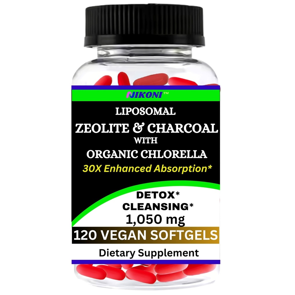 Nikoni Liposomal Zeolite, Activated Charcoal & Organic Chlorella, Supports Full Body Detox - 120 Vegan Softgels