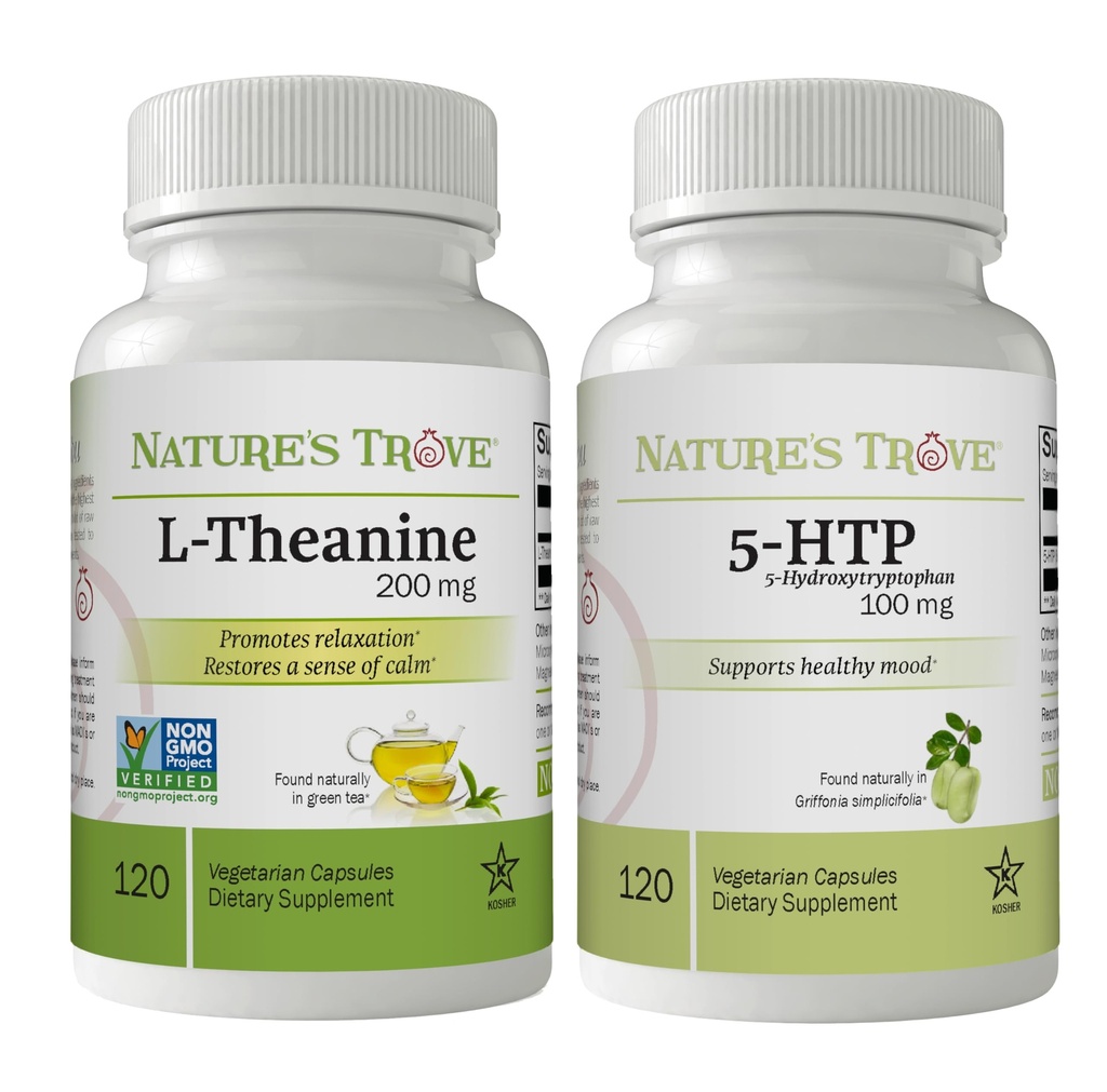 Nature's Trove L- Theanine 200mg 120 Κάψουλες Χορτοφαγικής & 5-HTP 100mg 120 Κάψουλες Χορτοφαγικής - Ήρεμη & υγιής στοίβα Mood