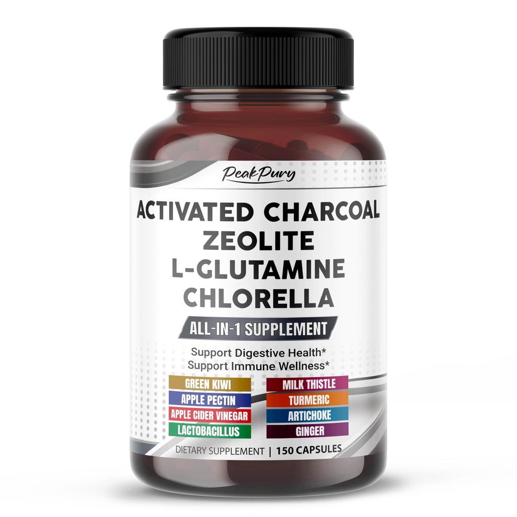 Premium All-in-1 Activated Charcoal, Zeolite, L-Glutamine & Chlorella – Supports Digestive Cleanse & Immune Wellness – 150 Capsules