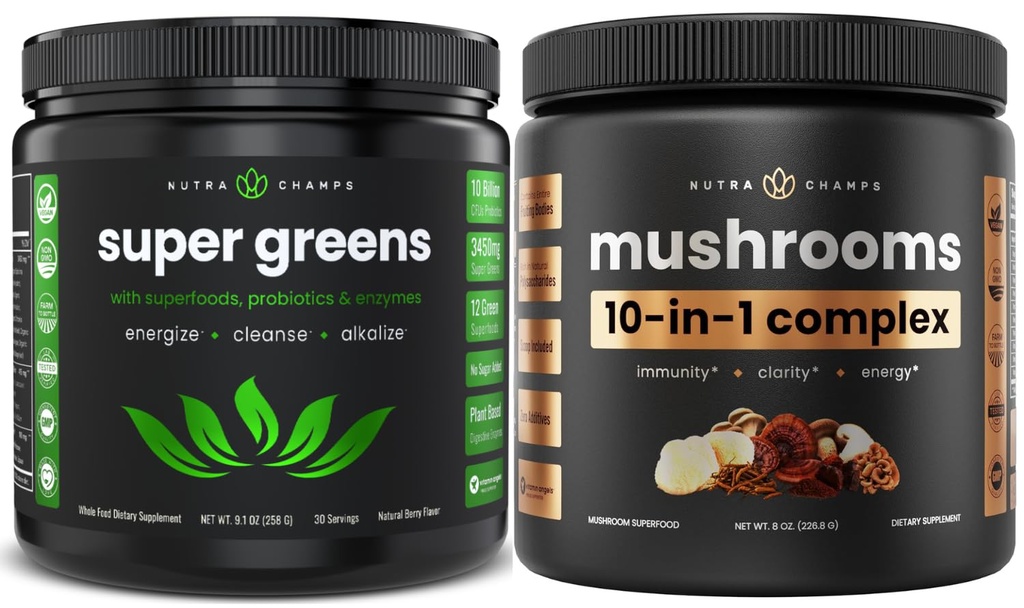 NutraChamps Super Greens & Super Μανιτάρια: Ultimate Brain, Gut & Body Boost