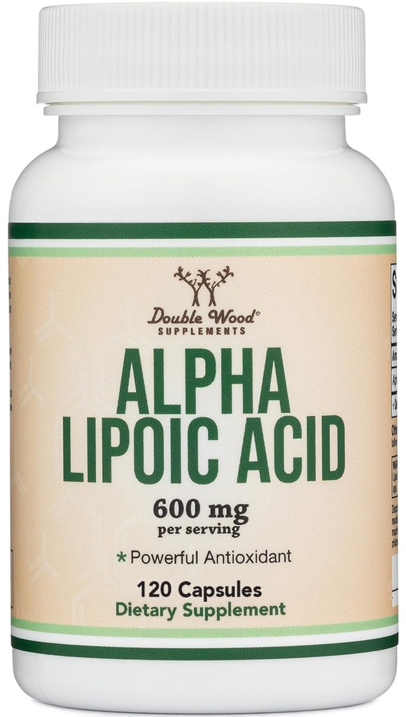 Alpha Lipoic Acid 600mg per Serving, 120 Capsules (Third Party Tested, Non-GMO, Gluten Free, Vegan Safe), Cellular Energy Support (ALA Supplement) by Double Wood