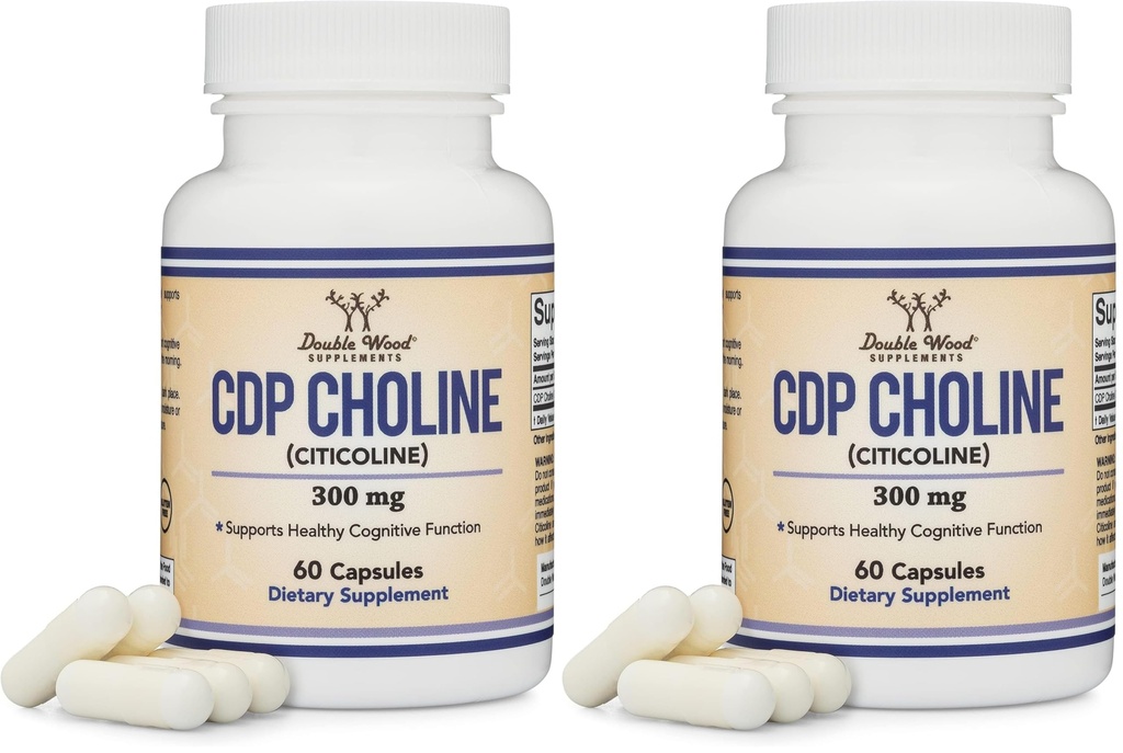 Double Wood Supplements CDP Choline (Citicoline) Supplement, Pharmaceutical Grade, Third Party Tested (60 Capsules 300mg) (Pack of 2)