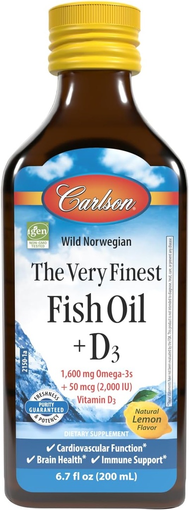 Carlson - The Very Finest Fish Oil + D3, 1600 mg Omega-3s, 50 mcg (2000 IU) Βιταμίνη D3, Υγρό ιχθυέλαιο και D3 συμπλήρωμα, Νορβηγικά, Άγρια αλιεύονται, Με βιώσιμη προέλευση, λεμόνι, 200 mL (6.7 Fl Oz)