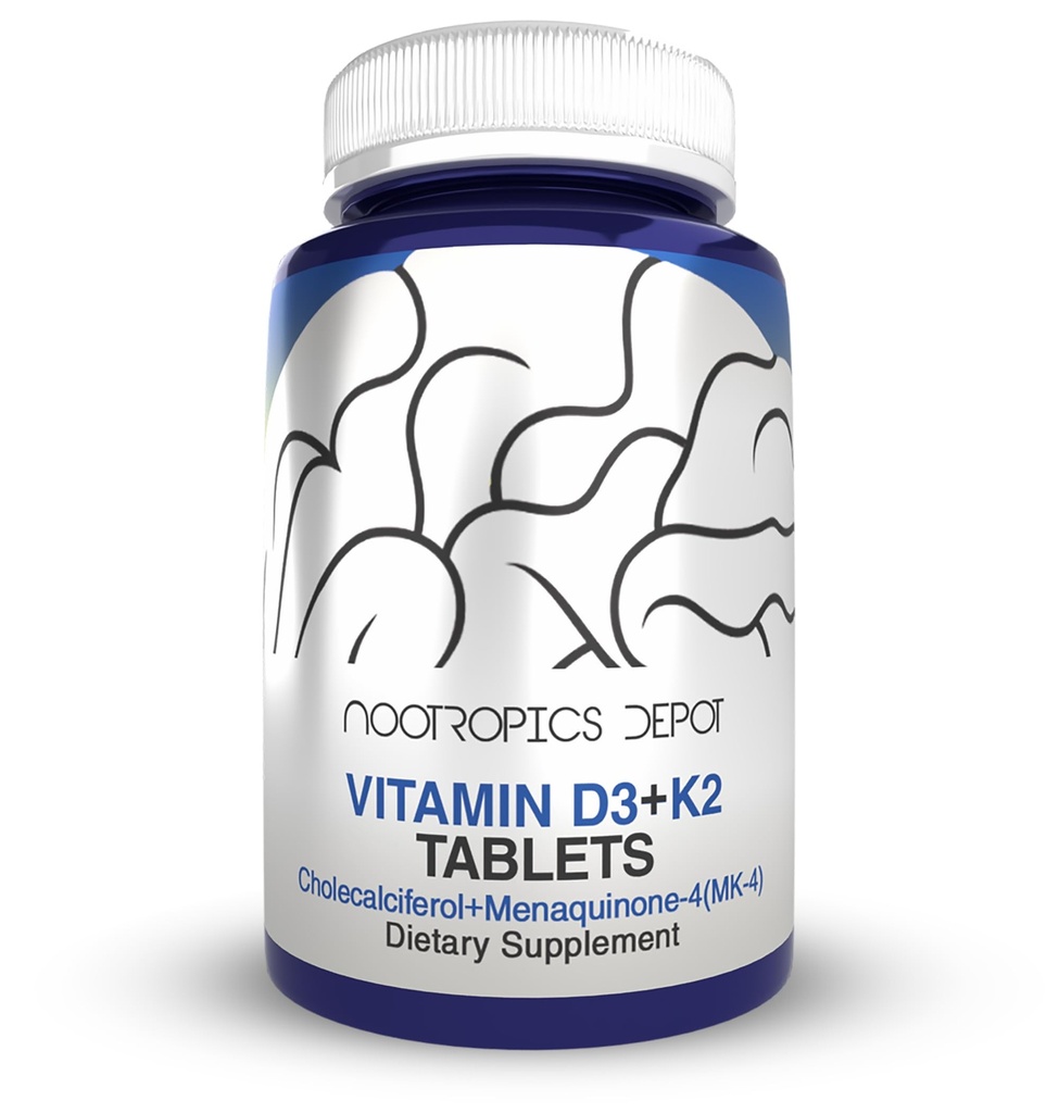 Nootropics Depot Vitamin D3 + K2 with Vitamin C Tablets | 365 Count | Cholecalciferol + Menaquinone-4 (MK-4) | Mood, & Bone Health | Healthy Calcium Absorption