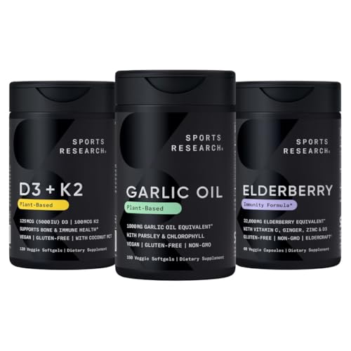 Sports Research® Immunity Pack - Odorless Garlic Oil Pills (1000mg) + Vitamin D3 + K2 + Elderberry with Zinc, Vitamin C, Ginger & Vitamin D3