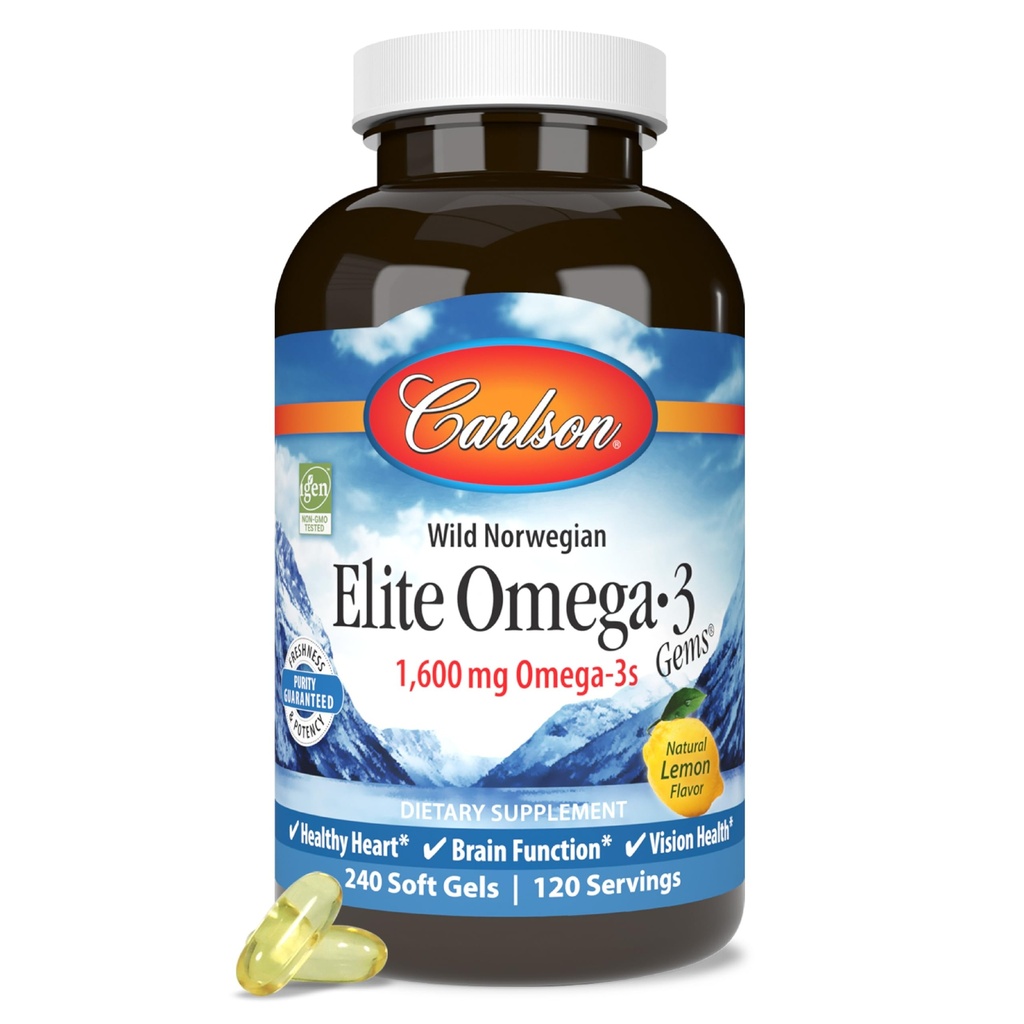 Carlson Elite Omega-3 Gems 1600 mg Omega 3 Fatty Acids Including EPA and DHA, Norwegian, Wild-Caught Fish Oil Supplement, Sustainably Sourced Fish Oil Capsules, Lemon - 60 Softgels