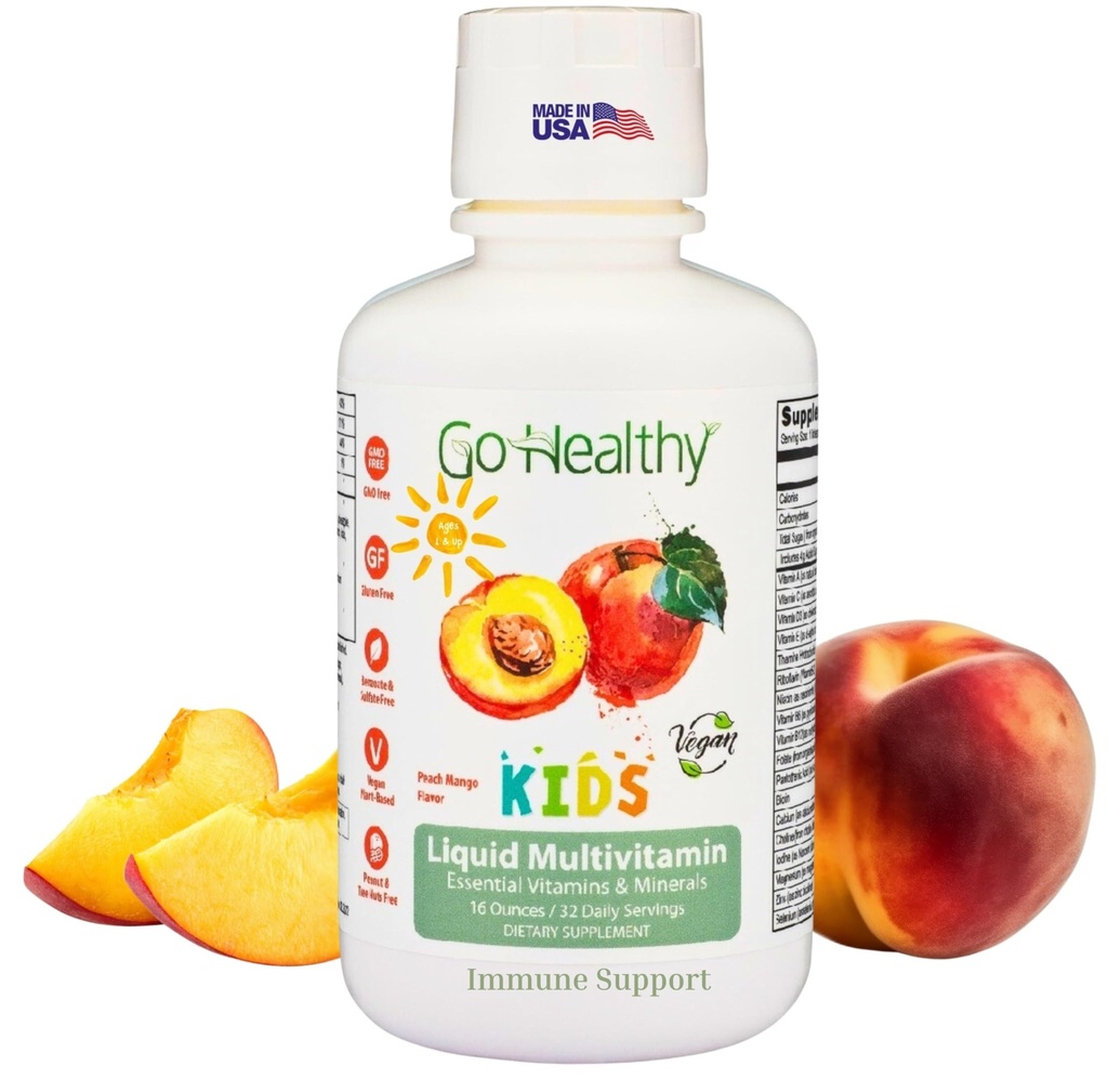 Go Healthy Kids Liquid Multivitamin, Immune Support, Kid Liquid Multivitamins, Υψηλής Απορρόφησης Βιταμίνες Vegan, Παιδικές Βιταμίνες Multivitamin Peach Mango - 30-60 Μερίδες