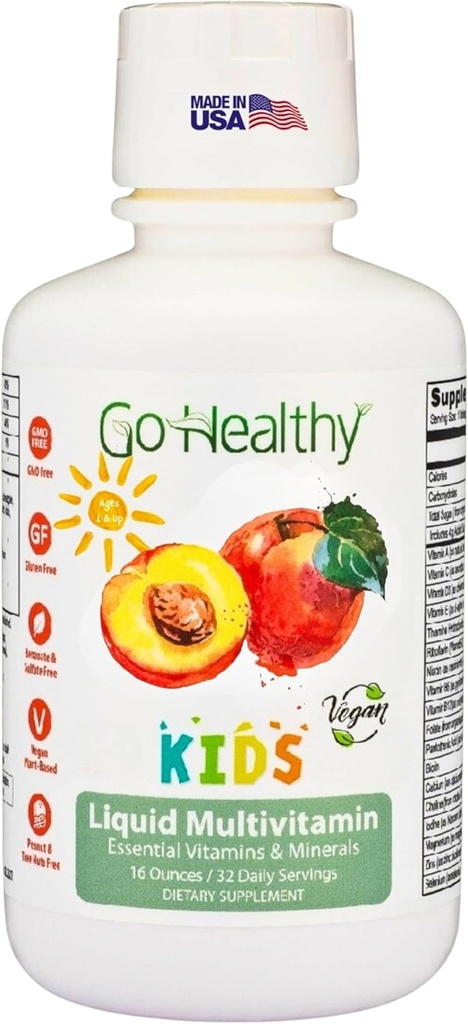 Go Healthy Kids Liquid Multivitamin, Immune Support, Kid Liquid Multivitamins, Υψηλής Απορρόφησης Βιταμίνες Vegan, Παιδικές Βιταμίνες Multivitamin Peach Mango - 30-60 Μερίδες