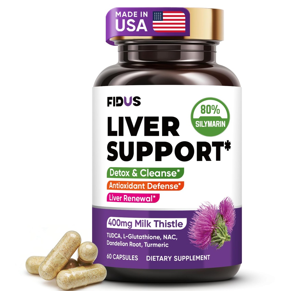 Fidus Milk Thistle Liver Repair Support Supplement 400mg, 80% Silymarin with NAC, TUDCA & Turmeric, Liver Detox & Cleanse, 60 Capsules, Made in USA