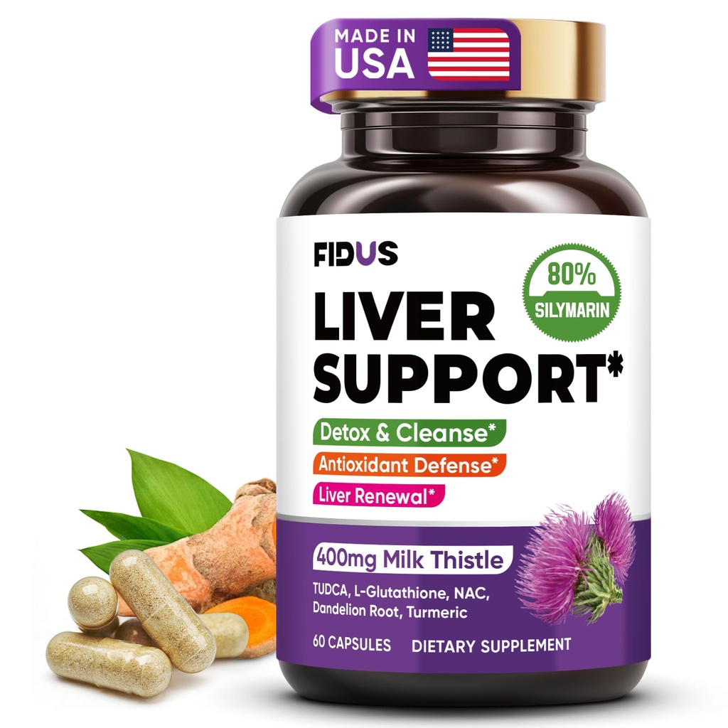 Fidus Liver Detox and Repair Support Supplement with 400mg Milk Thistle, NAC, Turmeric & TUDCA for Daily Cleanse - USA Made - 60 Capsules