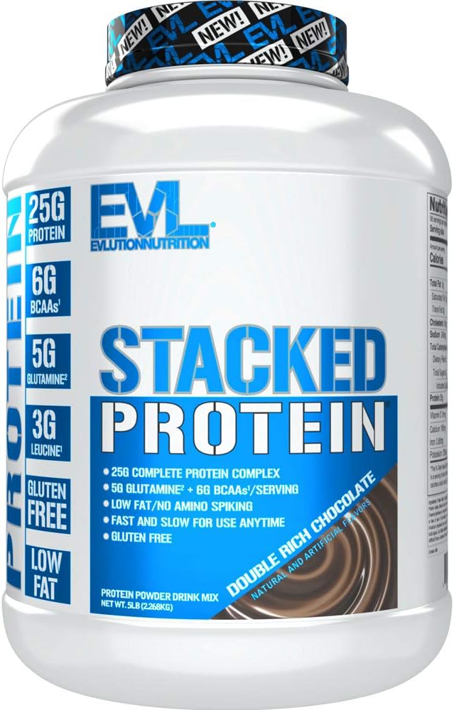Evlution Nutrition Stacked Protein Powder -Supports Muscle Growth, Strength & Recovery - 25g Protein, 6g BCAAs, 5 grams Glutamine + 3 grams Leucine Per Serving -Gluten Free -5lb -Double Rich Chocolate