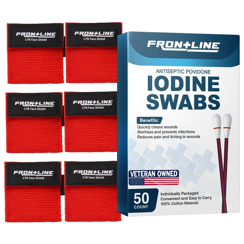 Bundle Iodine Swabs and Black CPR Mask Red