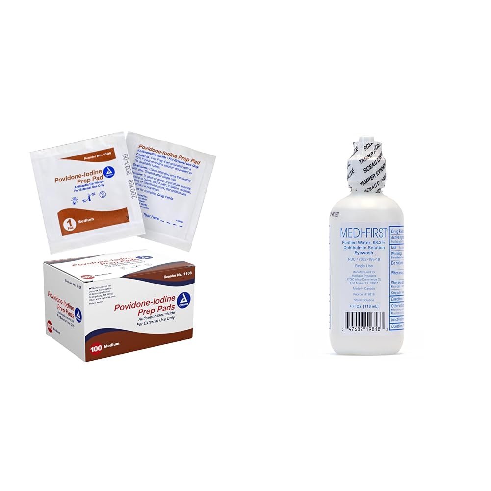 Dynarex Povidone-Iodine Prep Pads, 100 Count and Medi-First Eyewash, 4 Ounces