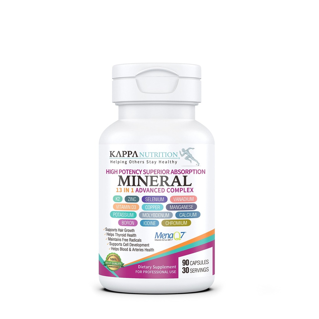 KAPPA NUTRITION (90 Capsules,Vitamin K2, Vitamin D3, Zinc, Selenium, Vanadium, Copper, Manganese, Potassium, Molybdenum, Calcium, Chromium, Iodine, Boron, Mineral 13 in 1 Advanced Complex, from