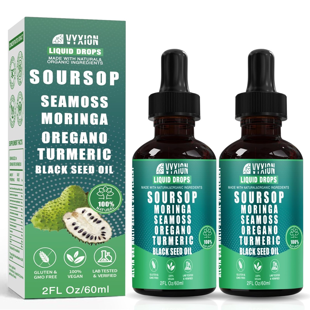 Soursop Pure Liquid Drops 10 in 1 with Sea Moss, Moringa, Turmeric, Black Seed Oil, Oregano, Ashwagandha | Herbal extracts for Overall Health | Vegan, Non-GMO | 4 Fl Oz