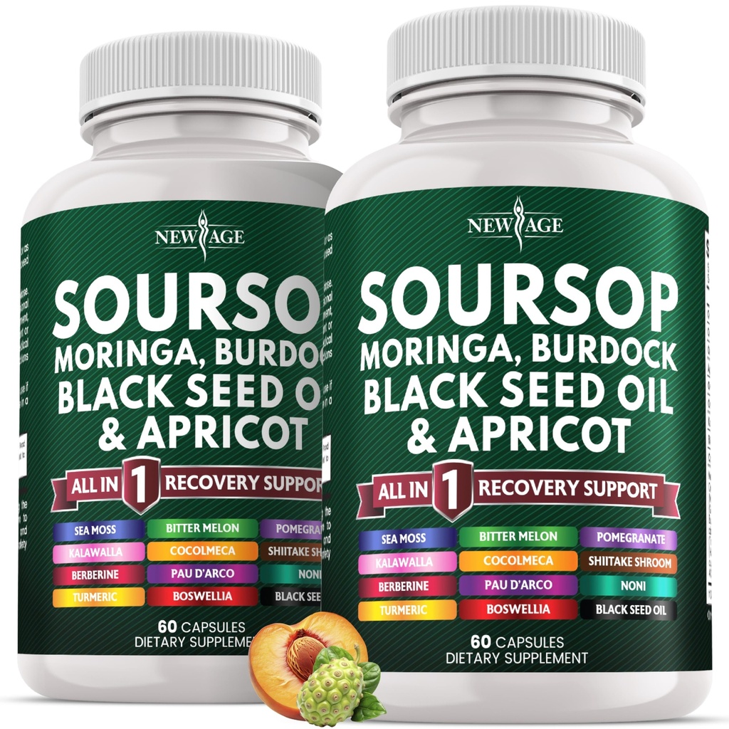Soursop Supplement - Moringa, Sea Moss, Black Seed Oil, Berberine, Turmeric, Apricot, Quercetin, Greens, Bitters, Boswellia, Bitter Melon, Burdock Root - 120 Capsules