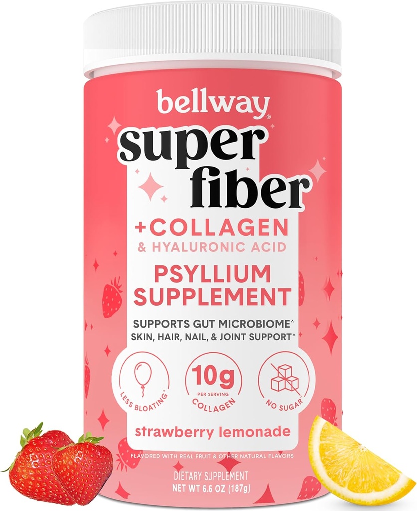 Bellway Super Fiber Powder + Collagen, Sugar-Free Psyllium Husk Powder with Collagen Peptides and Hyaluronic Acid for Gut Health, Healthy Skin, Nails, Bones & Joins, Strawberry Lemonade (11 Servings)