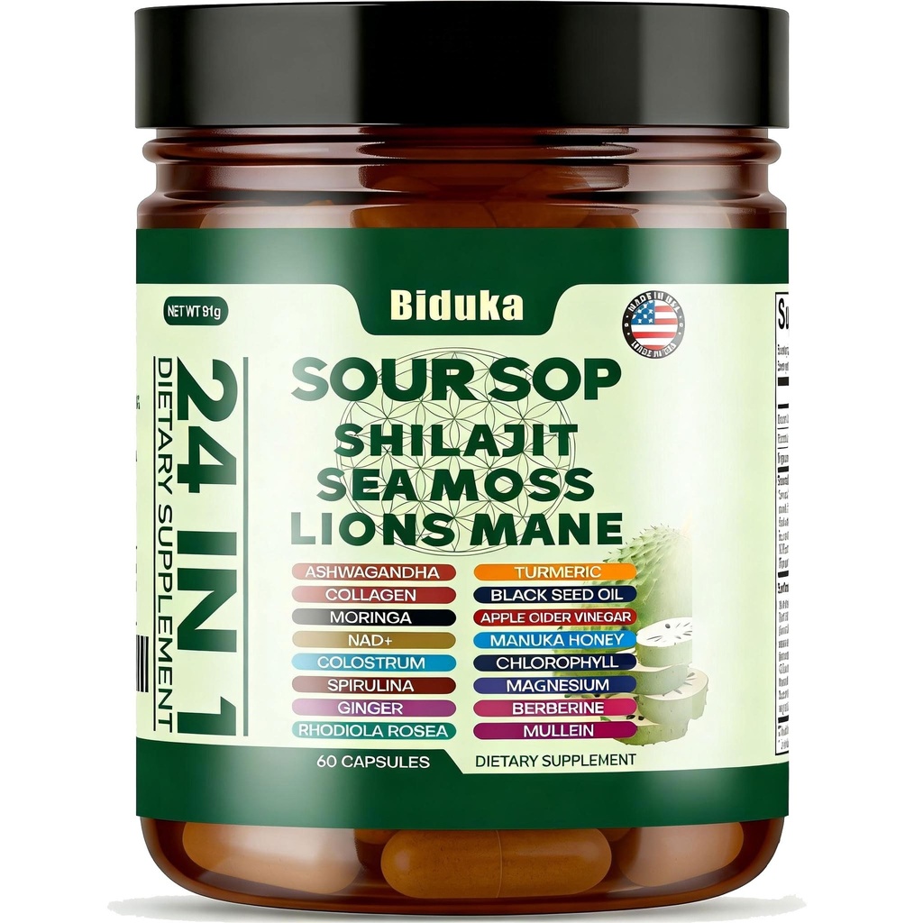 24-in-1 Soursop Capsules, Shilajit, Sea Moss, Lions Mane & More,20:1 Extracts with Ashwagandha, Elderberry, Lion’s Mane, Vitamin C, D3 & Magnesium | Daily Wellness Support for Adults, Non-GMO