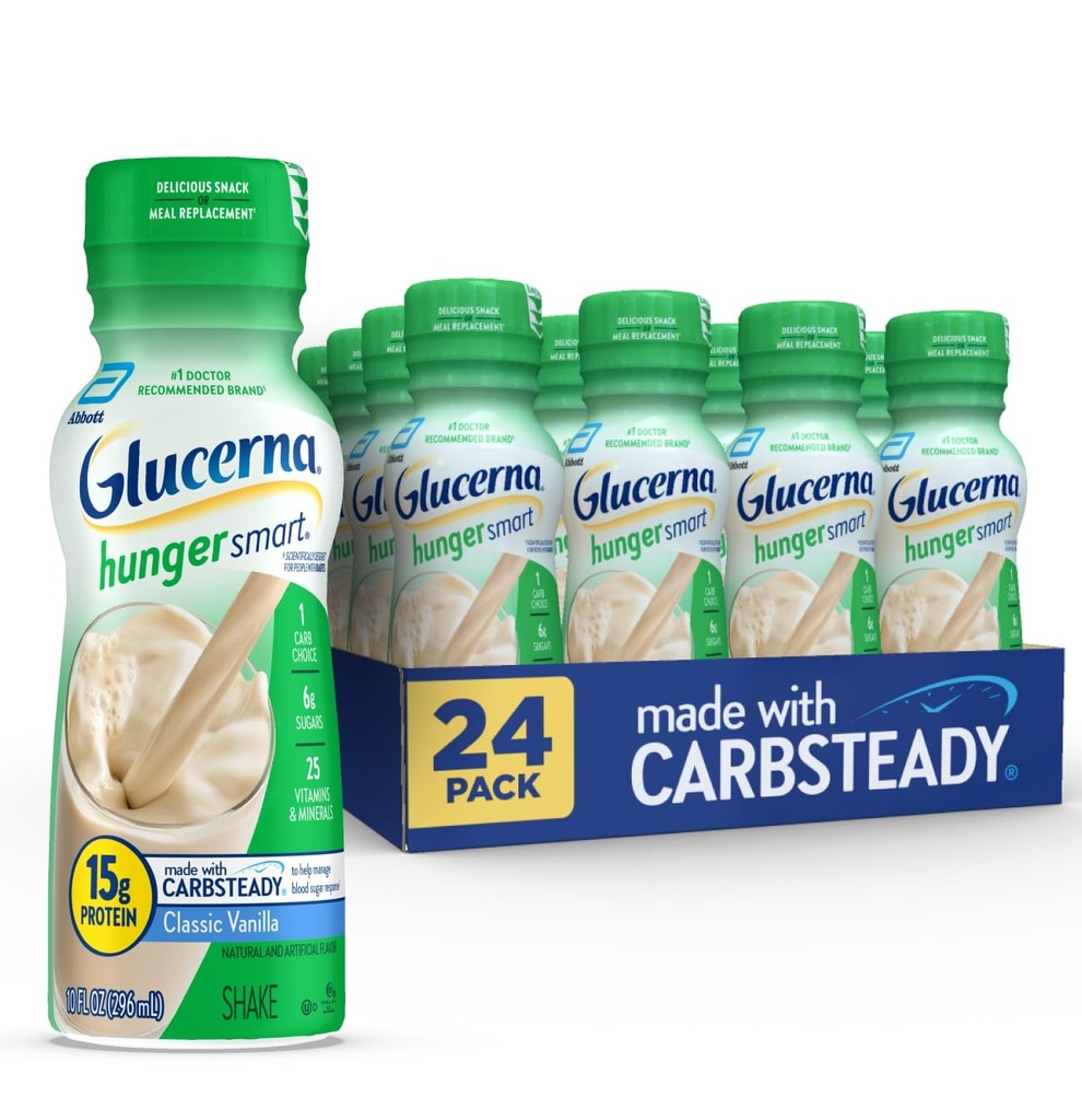 Glucerna Hunger Smart Diabetes Care Shake, Classic Vanilla, Diabetic Meal Replacement to Support Blood Sugar Management, 15g Protein, 180 Calories, Ready to Drink, 10 Fl Oz, 24 Pack
