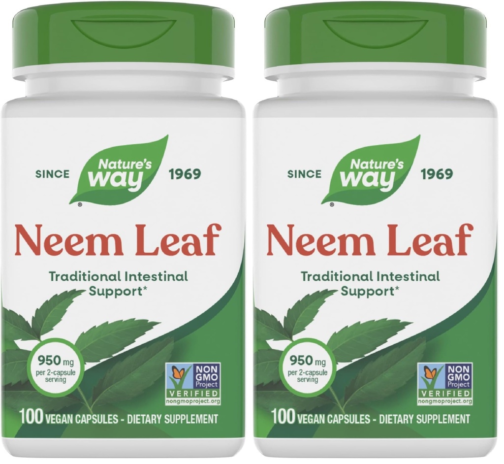 Nature's Way Neem Leaf Capsules,Traditional Intestinal Support*,Used in Ayurveda,950 mg per 2-Capsule Serving,Non-GMO Project Verified,Vegan,(Packaging May Vary),100 Count (Pack of 2)
