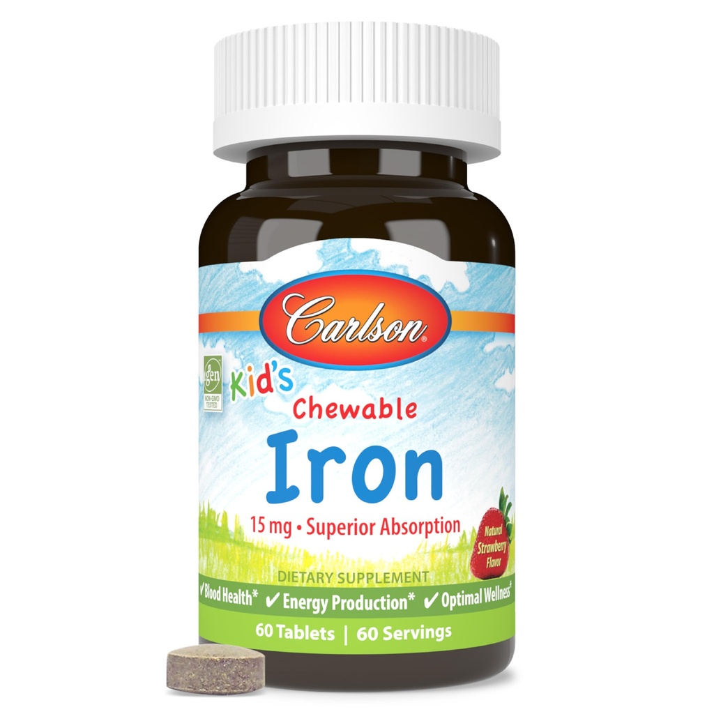 Carlson - Kid's Chewable Iron, 15 mg, Superior Absorption, Blood Health, Energy Production & Optimal Wellness, Natural Strawberry Flavor, 60 δισκία