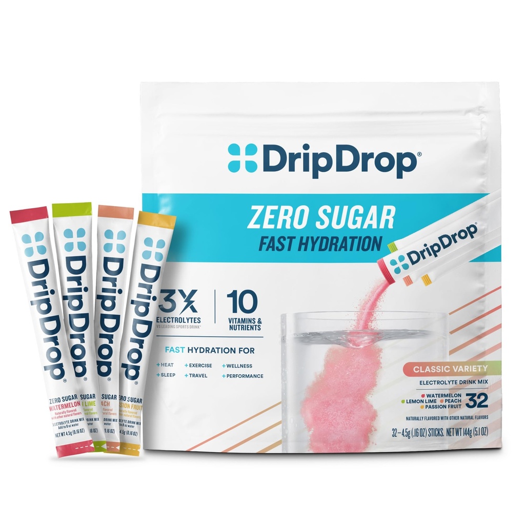 DripDrop Sugar Free Hydration Packets - Zero Classic Variety Pack - Μονό σερβίρετε Ηλεκτρόλυτες Powder Drink Mix - Λεμόνι, Καρπούζι, Ροδάκινο, Πάθος Φρούτα - Μη ΓΤΟ, Χωρίς Γλουτένη, Vegan - 32 Sticks