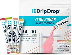 DripDrop Sugar Free Hydration Packets - Zero Classic Variety Pack - Μονό σερβίρετε Ηλεκτρόλυτες Powder Drink Mix - Λεμόνι, Καρπούζι, Ροδάκινο, Πάθος Φρούτα - Μη ΓΤΟ, Χωρίς Γλουτένη, Vegan - 32 Sticks