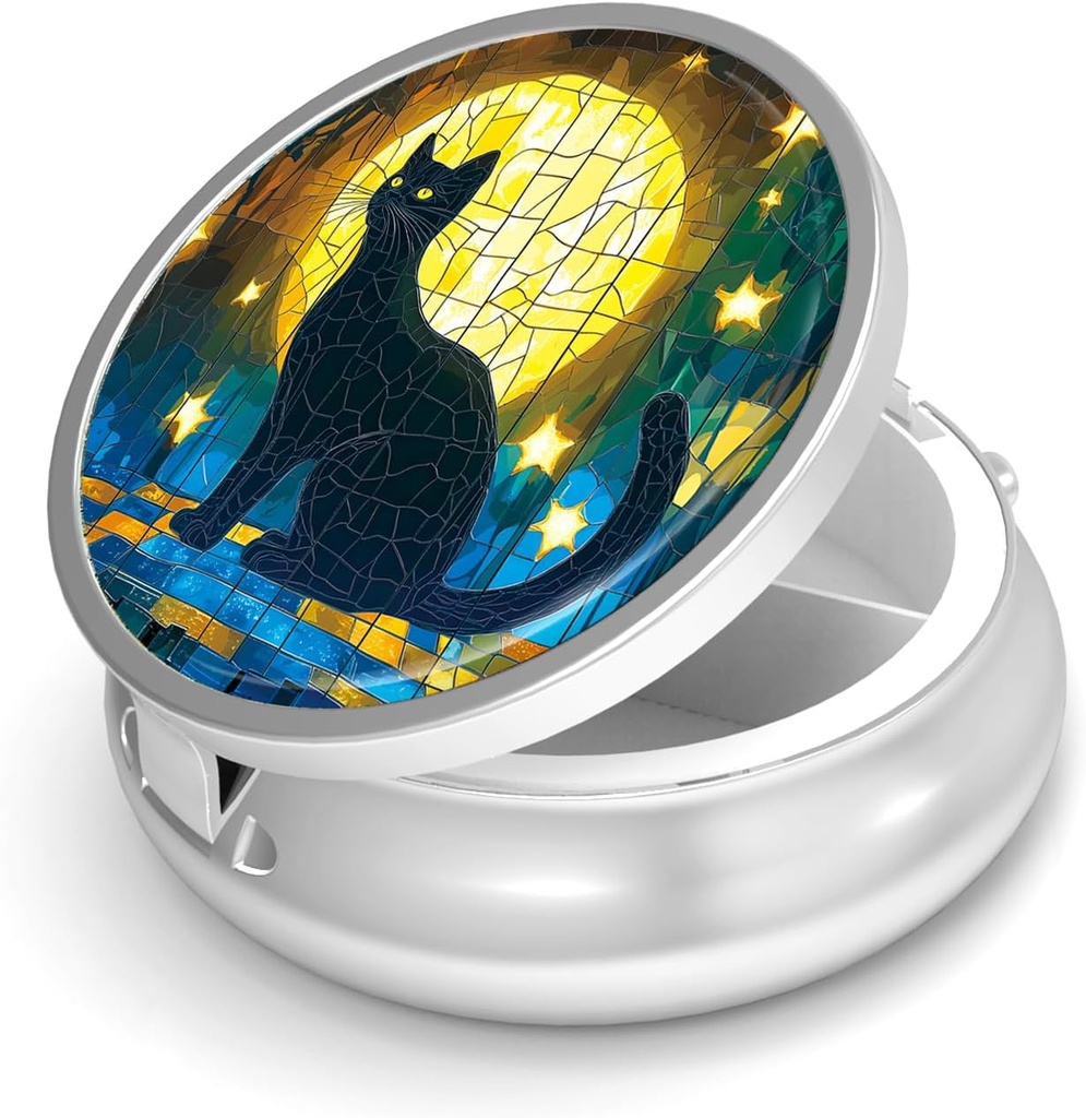 Pill Box-3 Compartment Small Pill Case for Purse & Pocket Mini Metal Pill Holder Travel Pill Container to Hold Supplements Vitamins BPA-Free (Moon Cat)