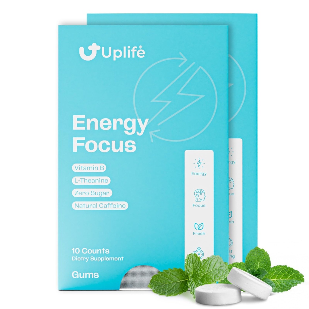 UPLIFE Energy and Focus Gum 20 Pcs – Made in USA - 40mg Nootropic Natural Caffeine + 80mg L-Theanine + Niacin Vitamin B3 & B12 – Sugar-Free, Vegan – Natural Coffee Alternative - Peppermint Flavor