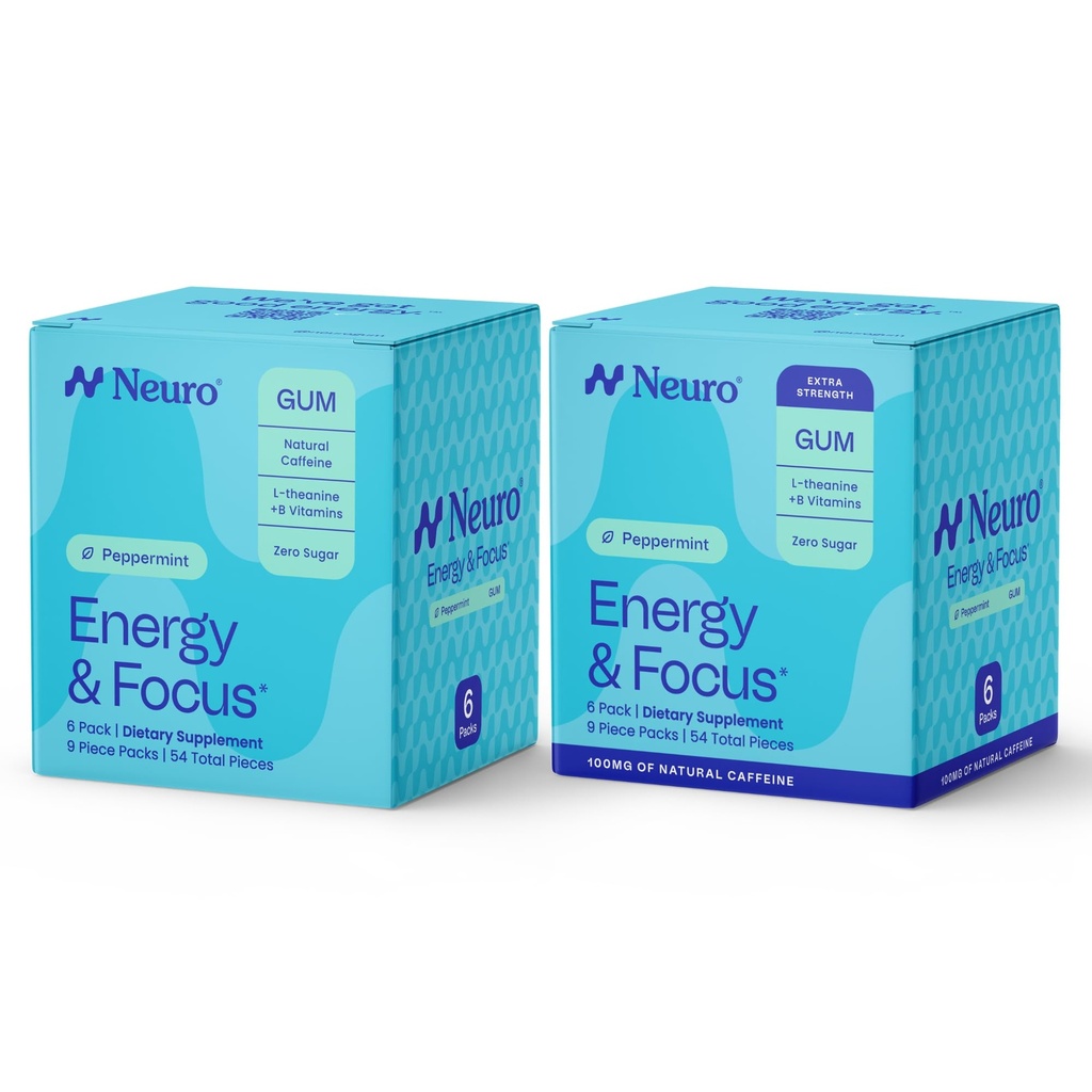 Neuro Energy & Focus Smart Gum Set – Original (54-Count 6-Pack) + Extra Strength (54-Count), Peppermint Flavor – Sugar-Free Nootropic Supplement with Natural Caffeine, L-Theanine, B12 & B6