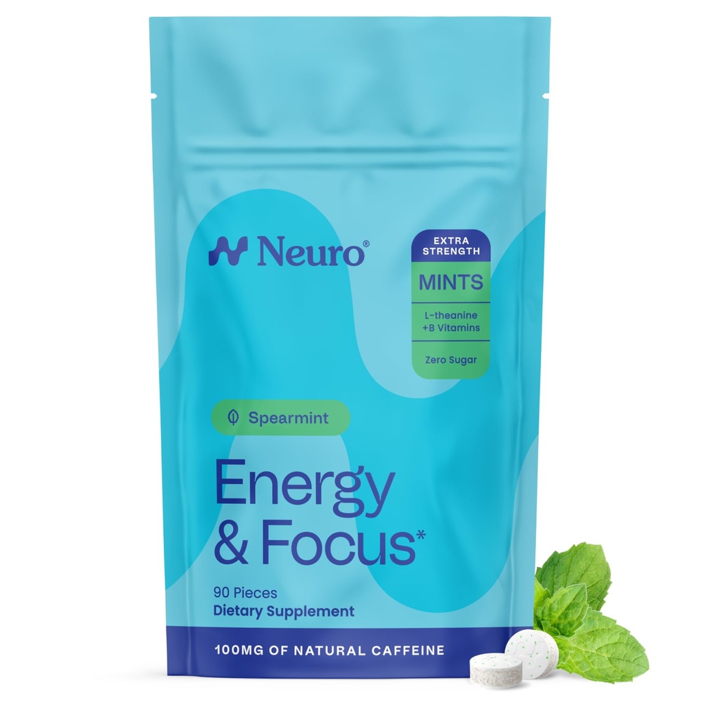 Neuro Energy & Focus Mints, Extra Strength - Sugar Free Breath Mints with 100mg Natural Caffeine, B Vitamins & L-Theanine - Vegan Brain Supplement for Exercise, Study & Daily Focus - Spearmint, 90 ct