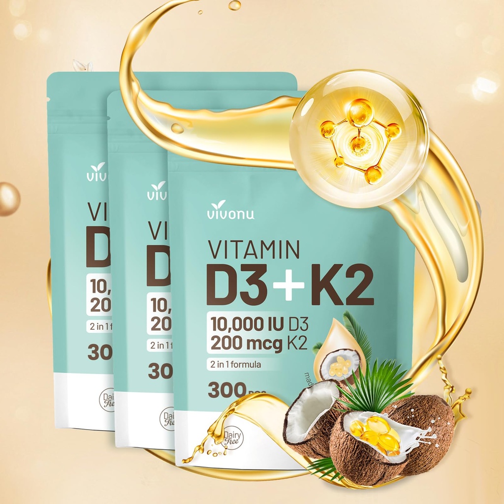 Βιταμίνη D3 10000 u Plus K2 (MK-7) 200 mcg, 300 Coconut Oil Softgels