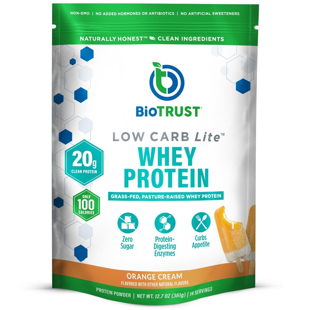 BioTrust χαμηλή υδατανθράκων Lite, 20 γραμμάρια Grass-Fed Whey Protein Isolate, 100 θερμίδες, ProHydrolase Digestive Enzymes, μη-GMO, Χωρίς σόγια και γλουτένη, rBGH-free (14 υπηρεσίες) (Orange Cream)