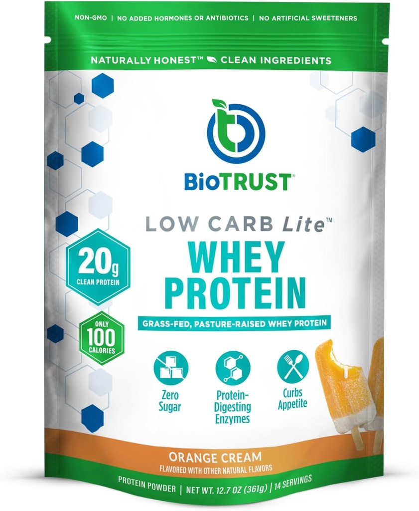 BioTrust χαμηλή υδατανθράκων Lite, 20 γραμμάρια Grass-Fed Whey Protein Isolate, 100 θερμίδες, ProHydrolase Digestive Enzymes, μη-GMO, Χωρίς σόγια και γλουτένη, rBGH-free (14 υπηρεσίες) (Orange Cream)