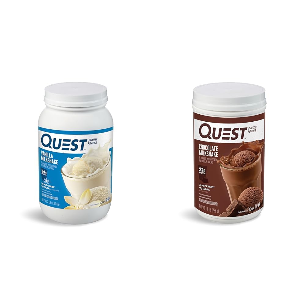Quest Nutrition Vanilla Milkshake Protein Powder, 24g of Protein, 1g of Sugar, Low Carb, Gluten Free, 3 Pound, 43 Servings & Chocolate Milkshake Protein Powder, 22g Protein, 2g Net Carbs, 1g Sugar