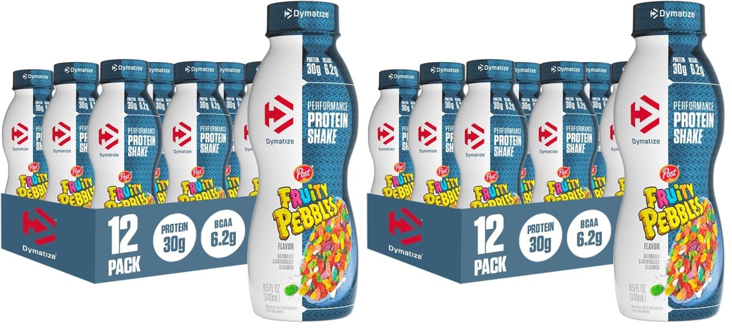 Dymatize Performance Protein Shake, Fruity Pebbles, 30g Protein, 6.2g BCAA for Muscle Recovery, No Added Sugar, Low Fat, 24 Vitamins and Minerals, Gluten-Free, Ready to Drink, 11.5fl oz (Pack of 24)