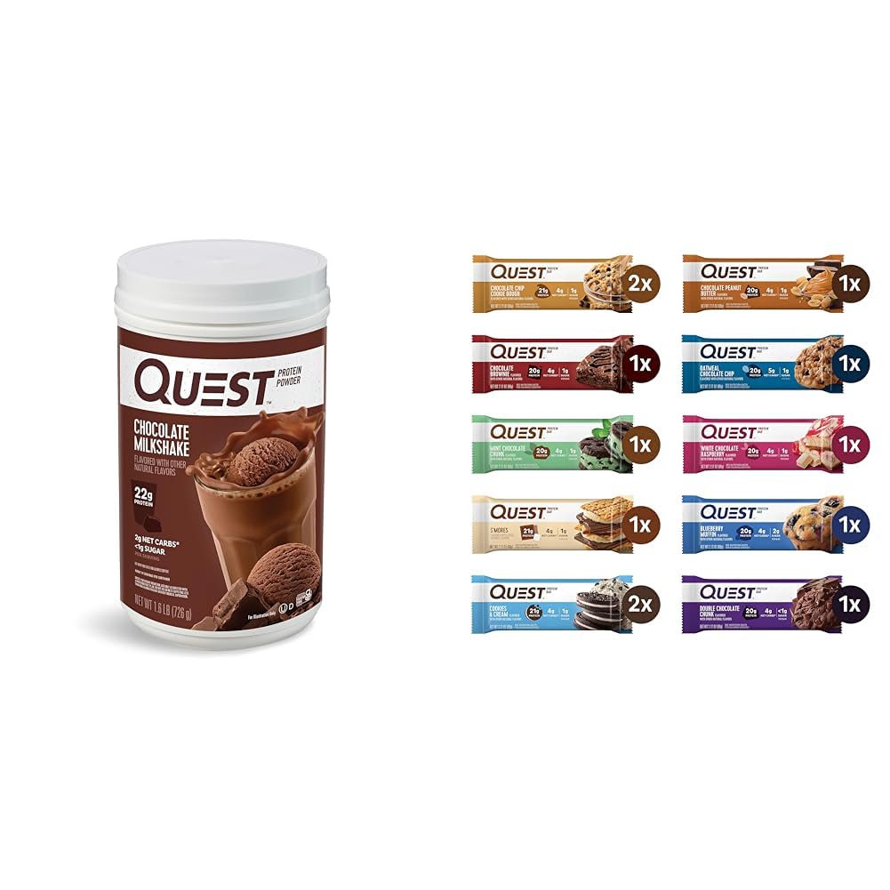 Quest Chocolate Milkshake Protein Powder 22g Protein, Quest Protein Bars Variety Pack High Protein Gluten Free 12 Count