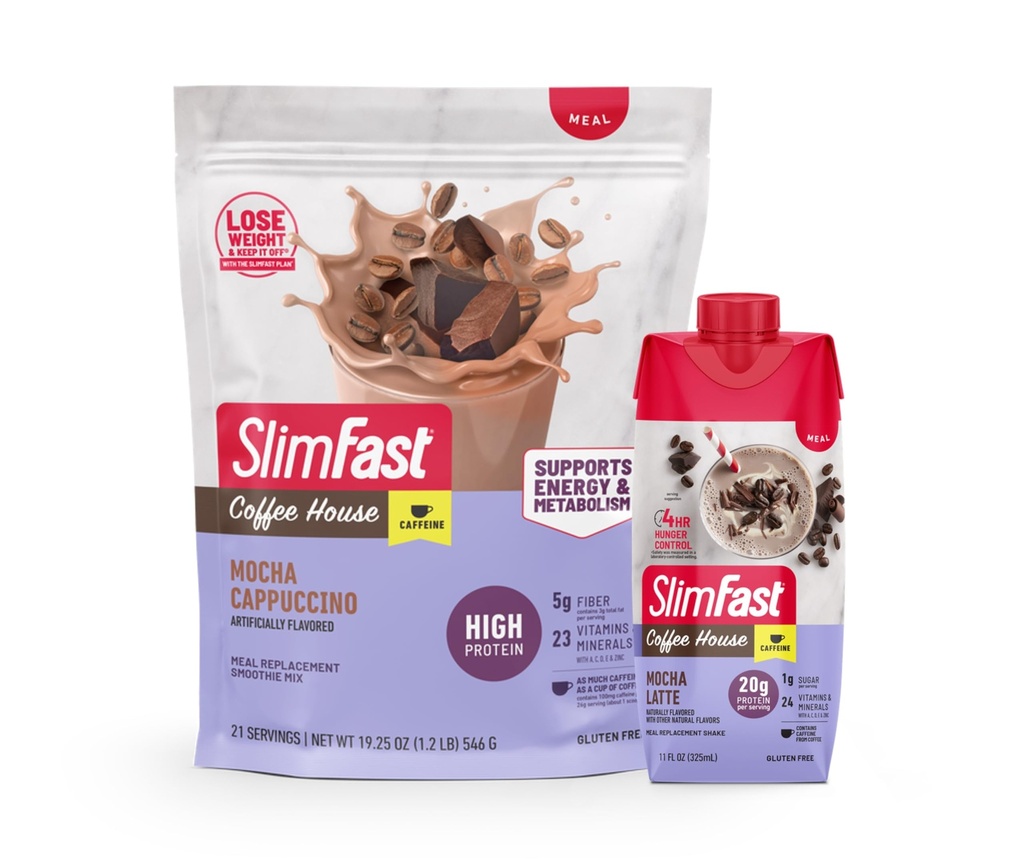 Bundle SlimFast High Protein Meal Replacement Powder, Caffeine, Mocha Cappuccino, 21 Servings + Protein Shake, Mocha Latte- 20g Protein, Meal Replacement Shake Ready to Drink, 11 Fl Oz (Pack of 12)