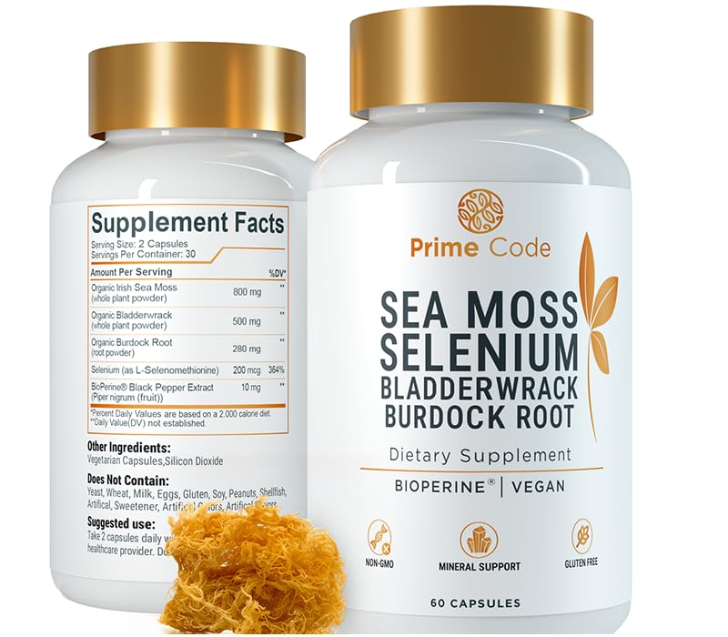 Prime Code Sea Moss Capsules with Selenium – 3-in-1 Blend with Bladderwrack & Burdock Root – Supports Immune Health & Daily Wellness – Vegan – 60 Capsules
