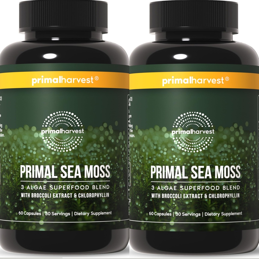 Primal Harvest Sea Moss Capsules with Bladderwack and Irish Sea Moss, Chlorella, Broccoli Seed Extract Plant-Based Supplements for Adults