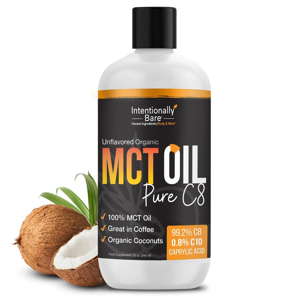 Intentionally Bare Organic Pure C8 MCT Oil – 99.2% - MCT Oil C8 for Energy, Brain, Mood & Focus - Supports Keto, Low Carb, Paleo, Vegan, Intermittent Fasting - Coffee & Salads – Unflavored - 32oz