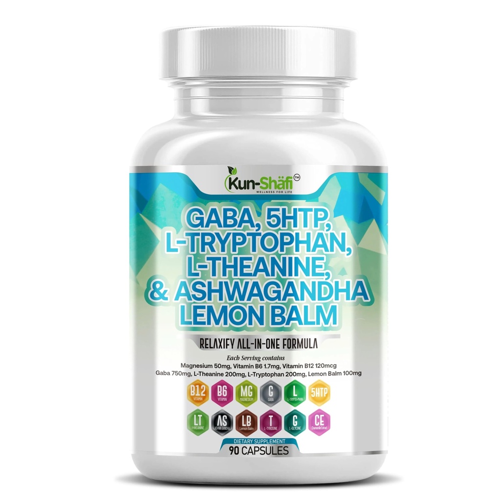 GABA 750mg, 5-HTP 100mg, L-Tryptophan, L-Theanine, Ashwagandha, SAM-e, L-Glycine-Mood Support Vitamins for Women and Men withL-Tyrosine, S-Adenosy, L-Methionine – 90 Capsules