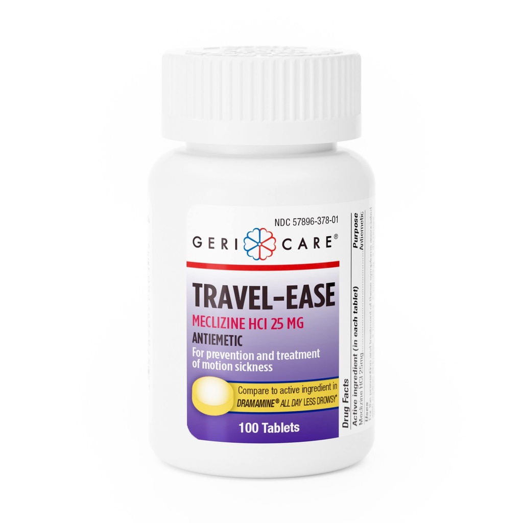 GeriCare Meclizine HCI 25mg Antiemetic Travel-Ease Tablets, Prevents and Treats Motion Sickness, Nausea Relief, 100 Count (Pack of 1)
