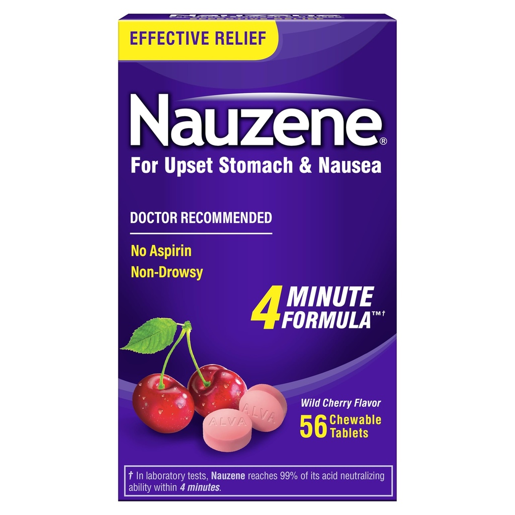 Nauzene Non-Drowsy Upset Stomach & Nausea Relief Chewable Tablets | 4-Minute Formula | Doctor Recommended | Wild Cherry Flavor | 56 Count