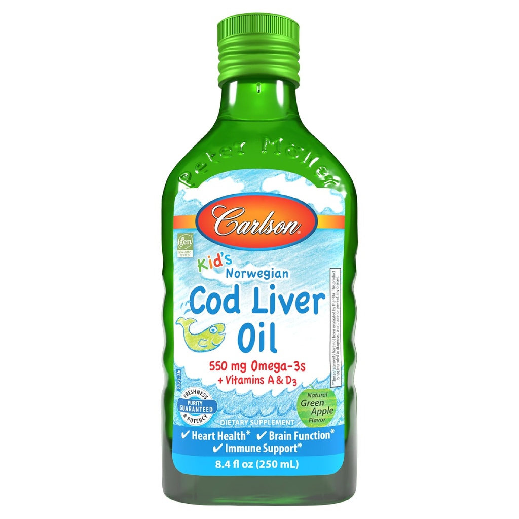 Carlson - Kid's Cod Liver Oil, 550 mg Omega-3s, Plus Vitamins A and D3, Wild Caught Norwegian Arctic Cod, Sustainably Sourced Nordic Liquid Fish Oil, Green Apple, 250 mL (8.4 Fl Oz)