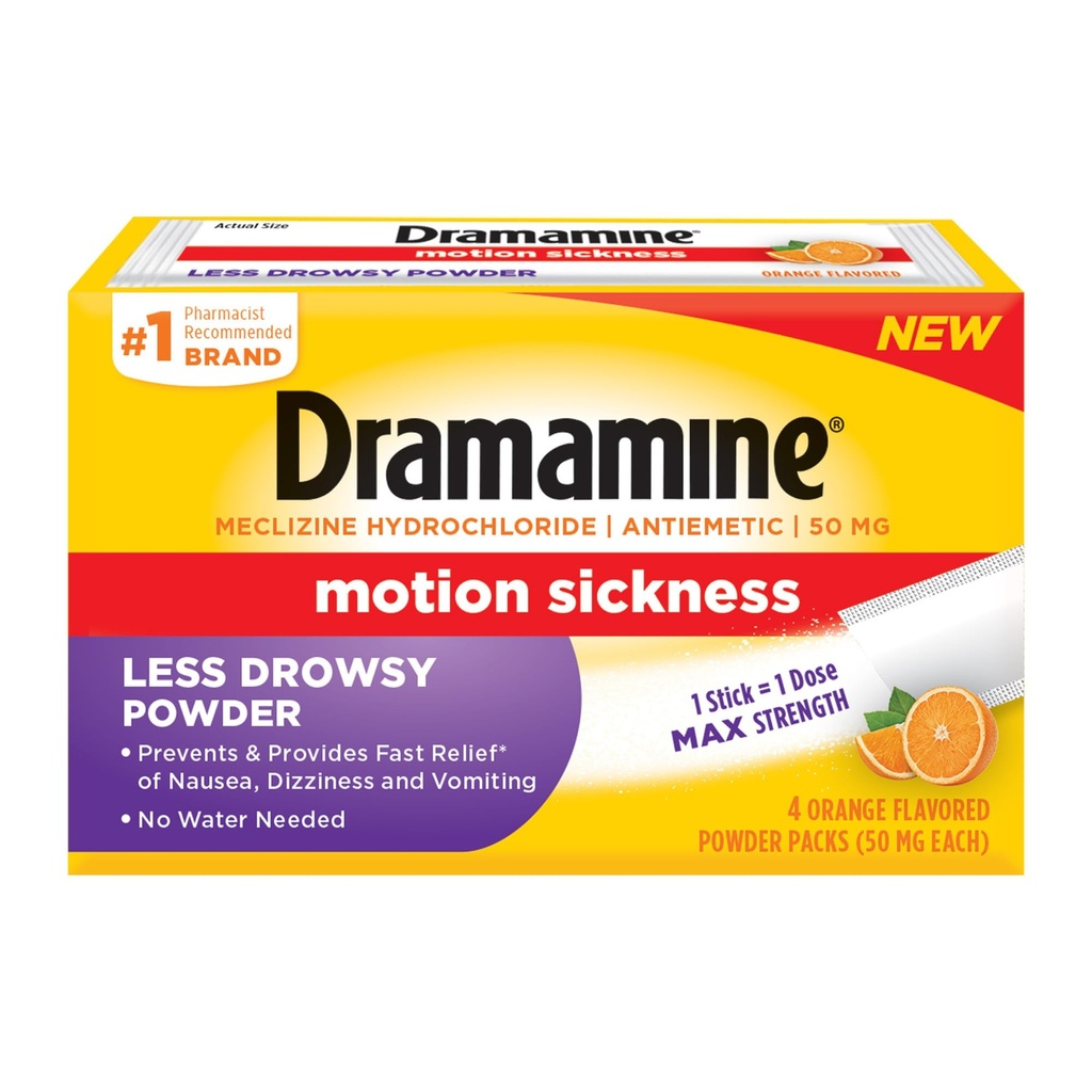 Dramamine Less Drowsy Powder, Max Strength Motion Sickness Relief with Meclizine, Orange Flavor, 4 Count Stick Packs, No Water Needed