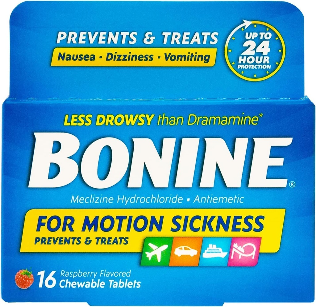 Bonine Motion Sickness Chewable Tablets, Raspberry Flavored, Meclizine HCl 25 mg, Less Drowsy Formula for Motion, Nausea, and Dizziness Relief, Up to 24-Hour Effectiveness,16 Tablets