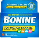 Bonine Motion Sickness Chewable Tablets, Raspberry Flavored, Meclizine HCl 25 mg, Less Drowsy Formula for Motion, Nausea, and Dizziness Relief, Up to 24-Hour Effectiveness,16 Tablets