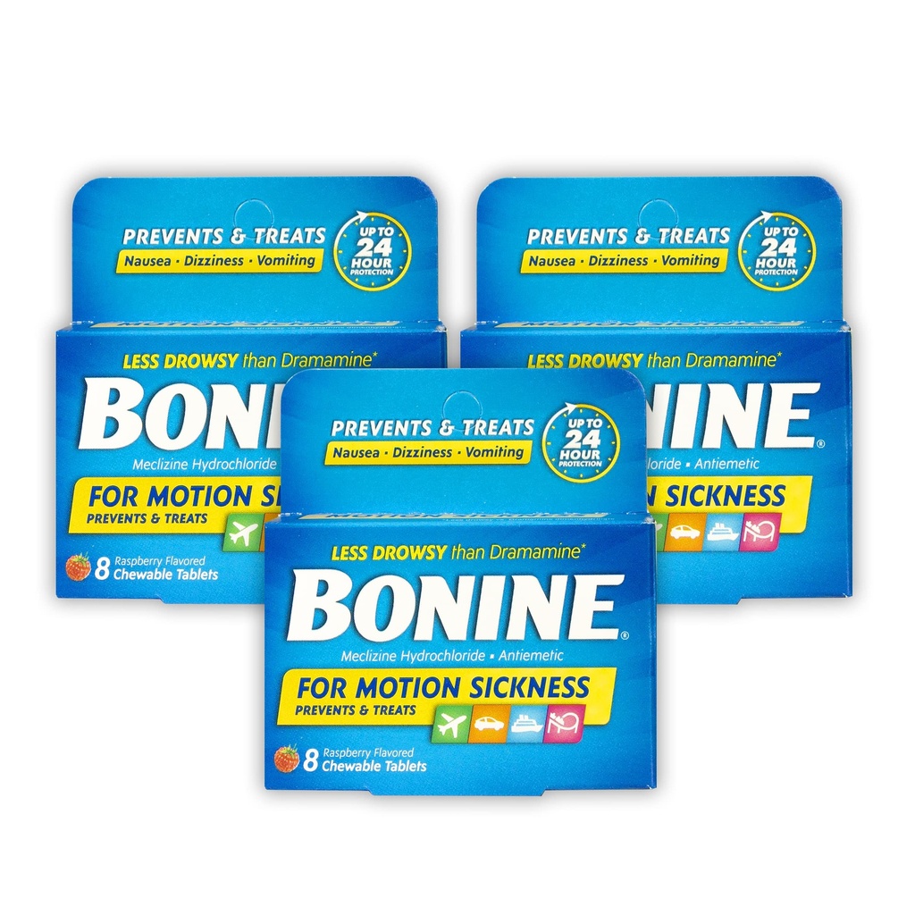 Bonine Non-Drowsy Motion Sickness Relief - 3 Pack - Chewable Tablets with Meclizine HCL 25mg - Non Drowsy Medicine for Nausea or Motion Sickness- Cruise Essentials - Raspberry - 3 Pack, 8ct